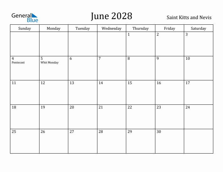 June 2028 Calendar Saint Kitts and Nevis