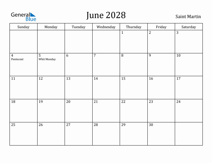 June 2028 Calendar Saint Martin