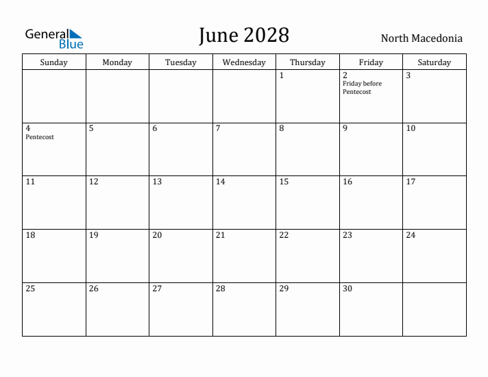June 2028 Calendar North Macedonia