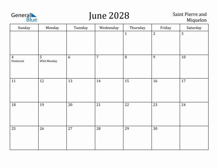 June 2028 Calendar Saint Pierre and Miquelon