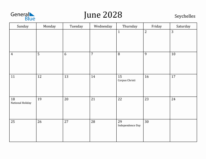 June 2028 Calendar Seychelles