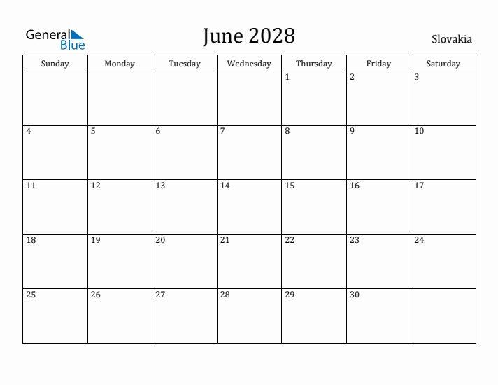 June 2028 Calendar Slovakia