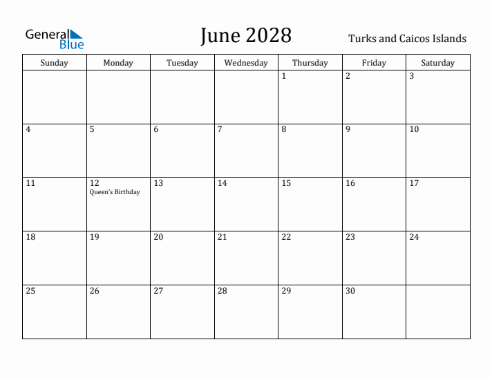 June 2028 Calendar Turks and Caicos Islands