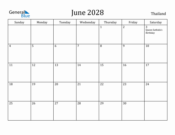 June 2028 Calendar Thailand