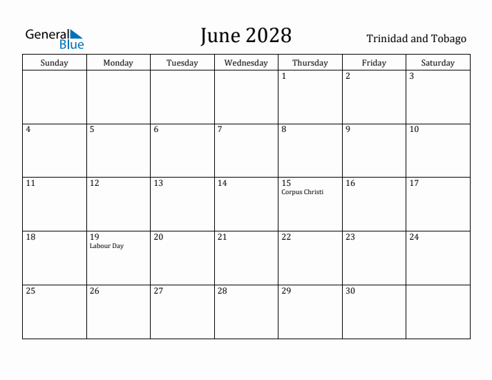 June 2028 Calendar Trinidad and Tobago