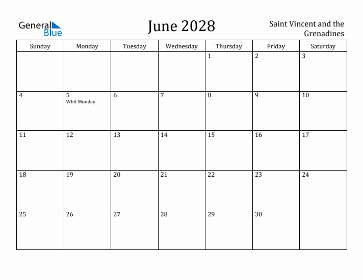 June 2028 Calendar Saint Vincent and the Grenadines