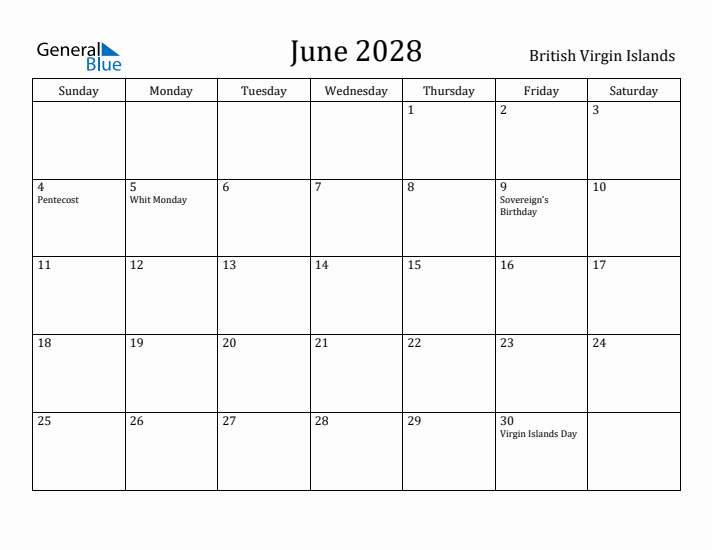 June 2028 Calendar British Virgin Islands