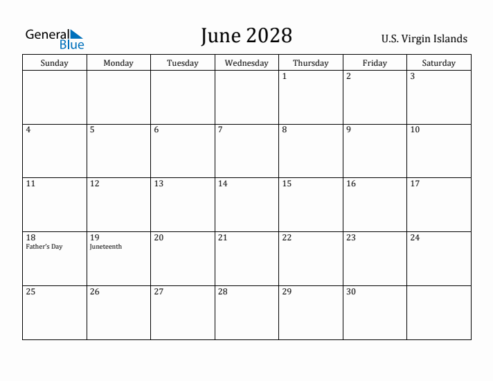 June 2028 Calendar U.S. Virgin Islands