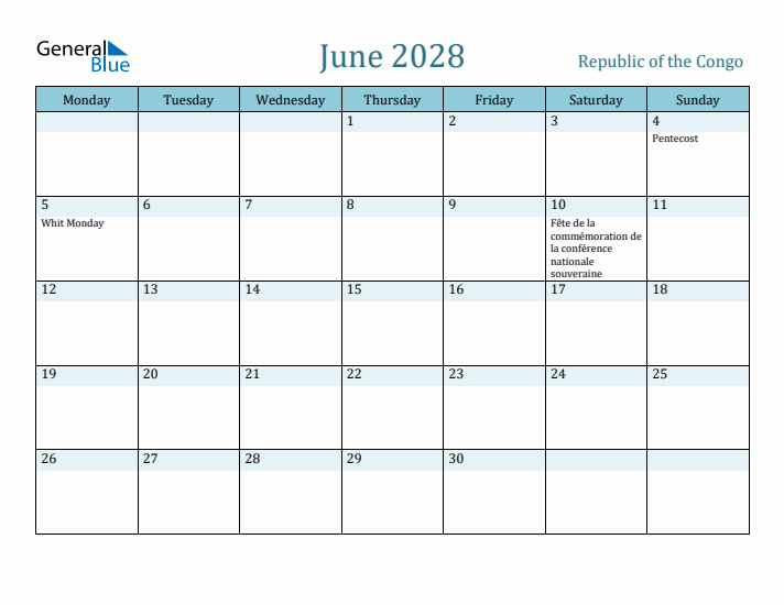 June 2028 Calendar with Holidays