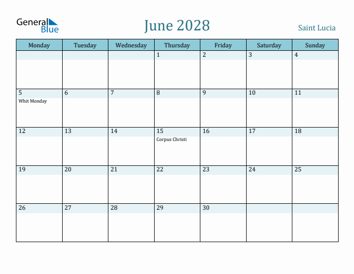 June 2028 Calendar with Holidays