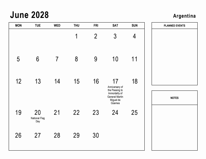 June 2028 Printable Monthly Calendar with Argentina Holidays