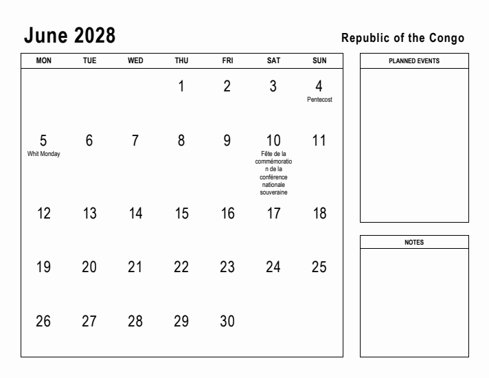 June 2028 Printable Monthly Calendar with Republic of the Congo Holidays
