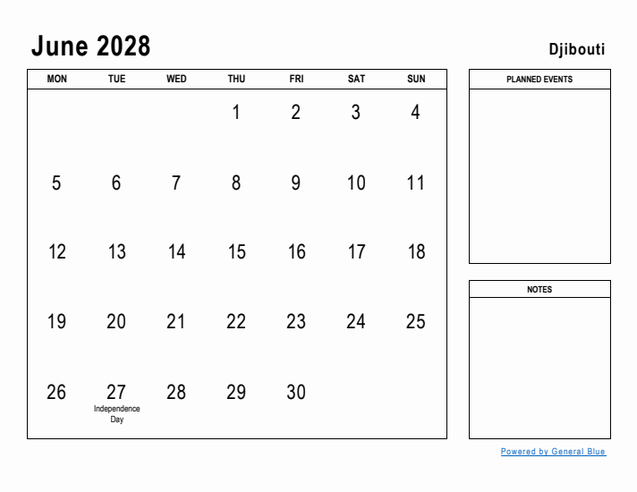 June 2028 Printable Monthly Calendar with Djibouti Holidays