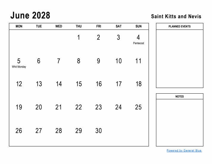June 2028 Printable Monthly Calendar with Saint Kitts and Nevis Holidays