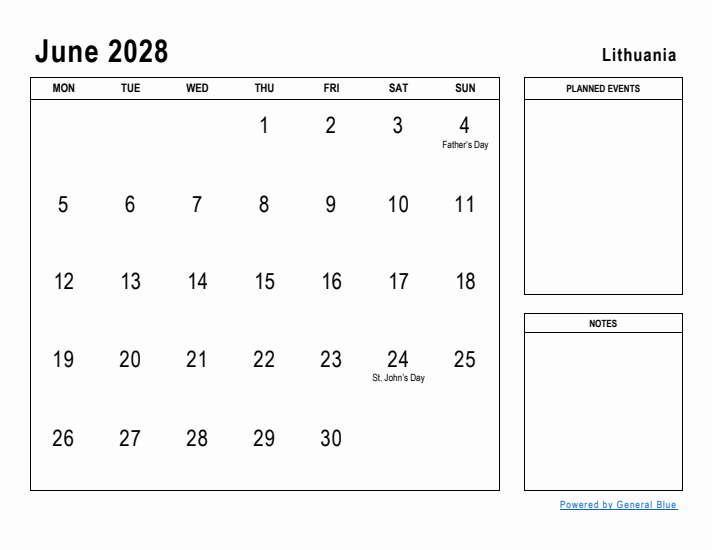 June 2028 Printable Monthly Calendar with Lithuania Holidays