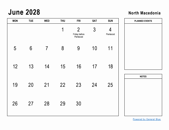 June 2028 Printable Monthly Calendar with North Macedonia Holidays