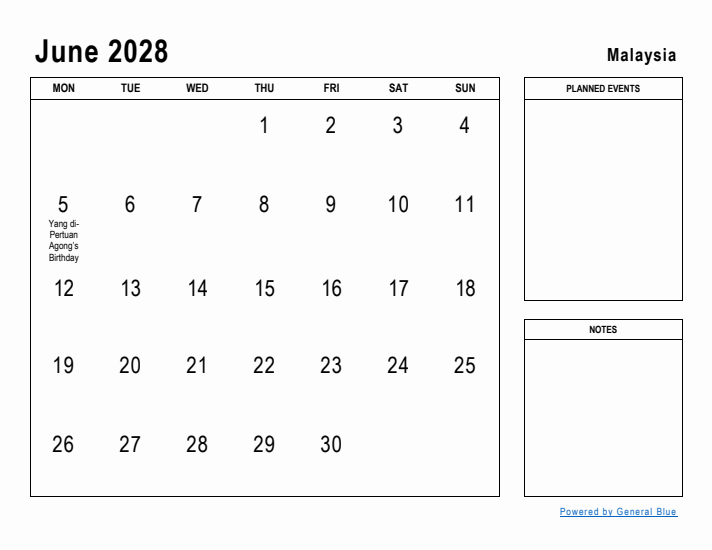June 2028 Printable Monthly Calendar with Malaysia Holidays