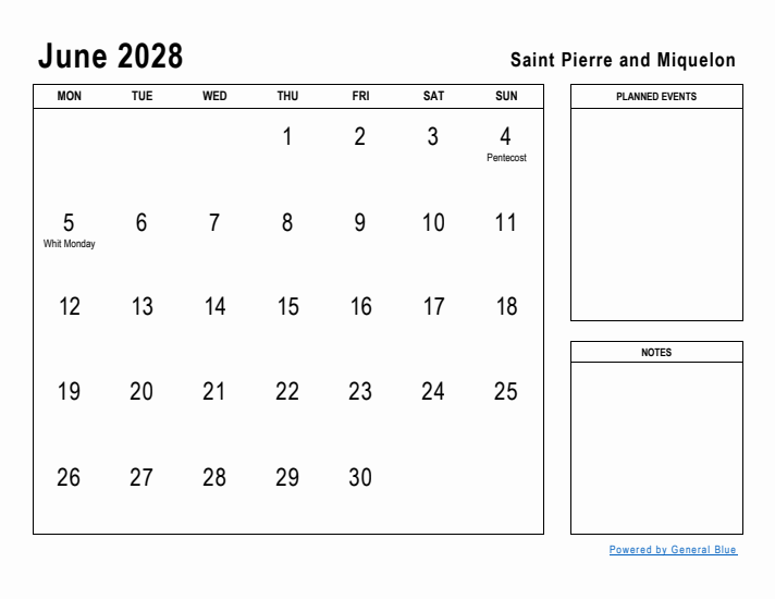 June 2028 Printable Monthly Calendar with Saint Pierre and Miquelon Holidays