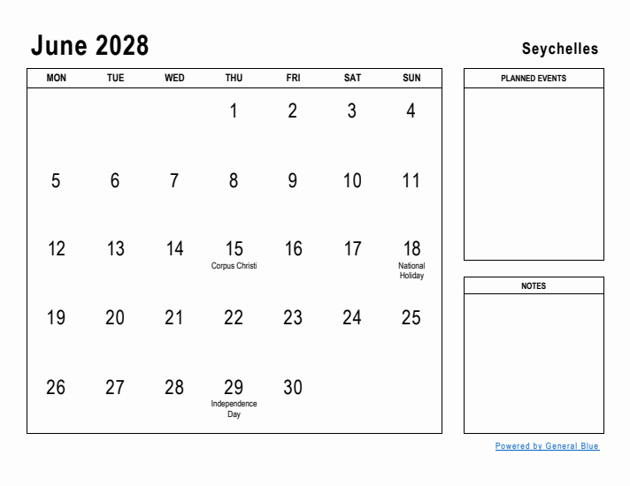 June 2028 Printable Monthly Calendar with Seychelles Holidays