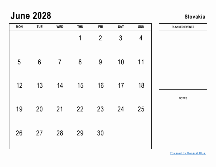 June 2028 Printable Monthly Calendar with Slovakia Holidays