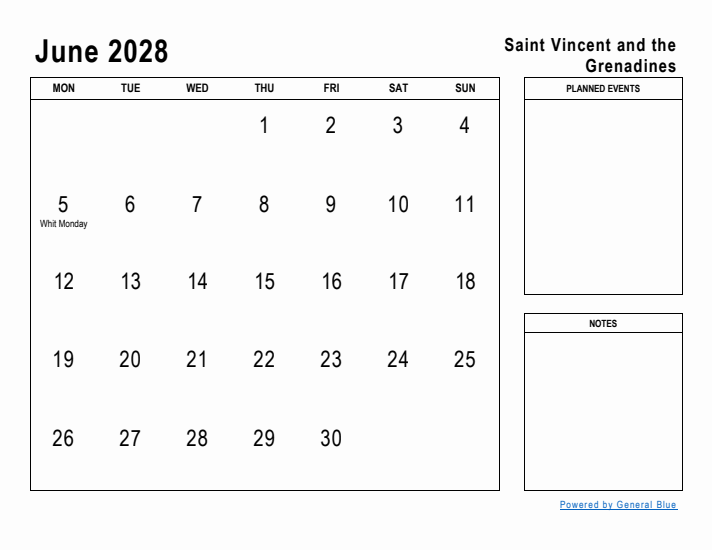 June 2028 Printable Monthly Calendar with Saint Vincent and the Grenadines Holidays