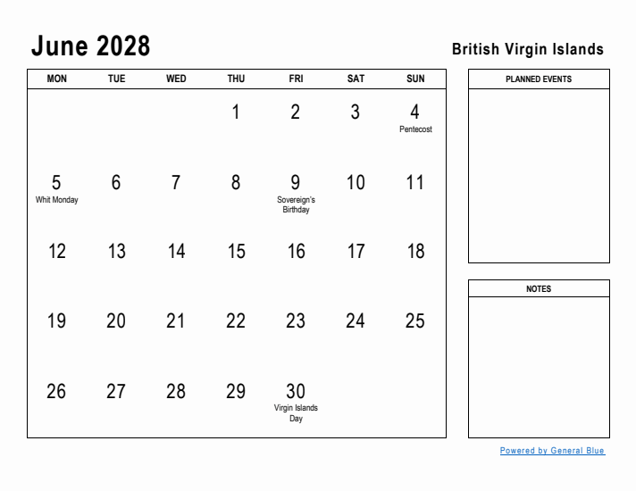 June 2028 Printable Monthly Calendar with British Virgin Islands Holidays
