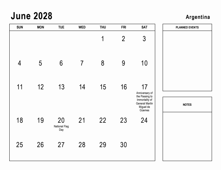 June 2028 Printable Monthly Calendar with Argentina Holidays