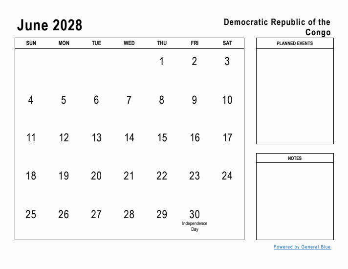 June 2028 Printable Monthly Calendar with Democratic Republic of the Congo Holidays