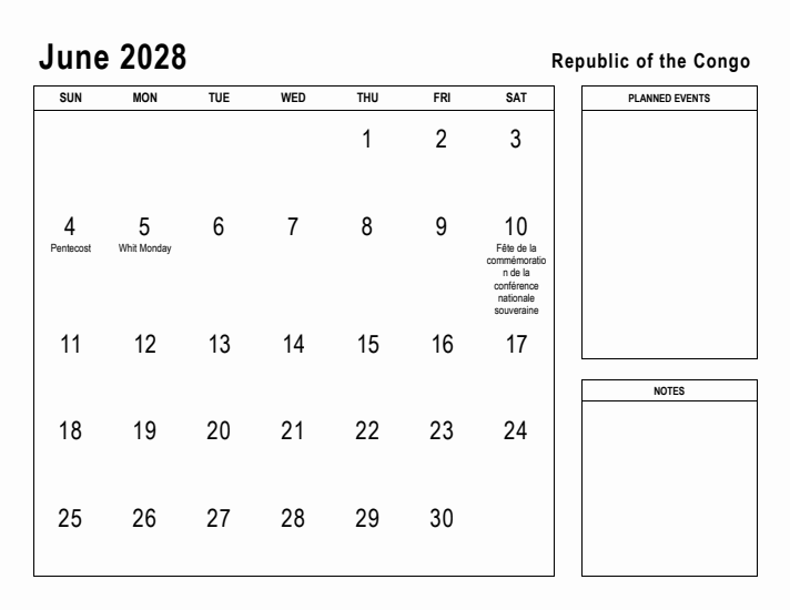 June 2028 Printable Monthly Calendar with Republic of the Congo Holidays