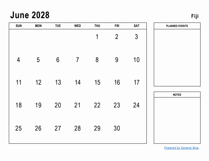 June 2028 Printable Monthly Calendar with Fiji Holidays
