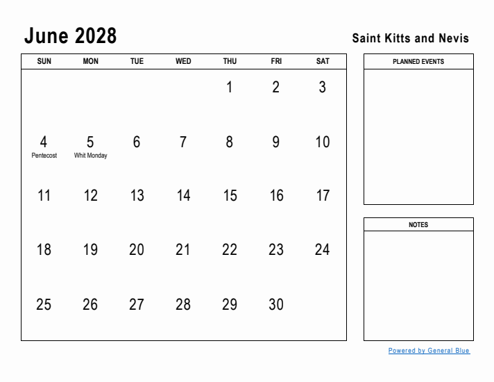 June 2028 Printable Monthly Calendar with Saint Kitts and Nevis Holidays