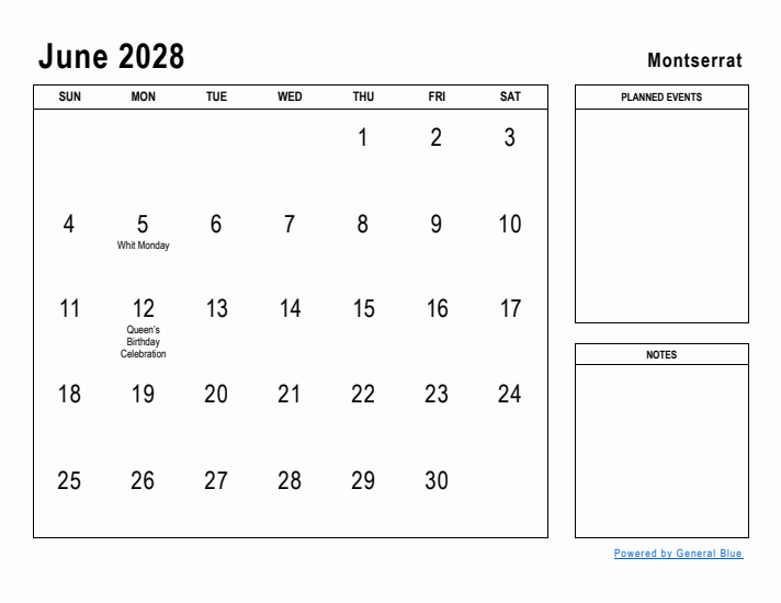 June 2028 Printable Monthly Calendar with Montserrat Holidays