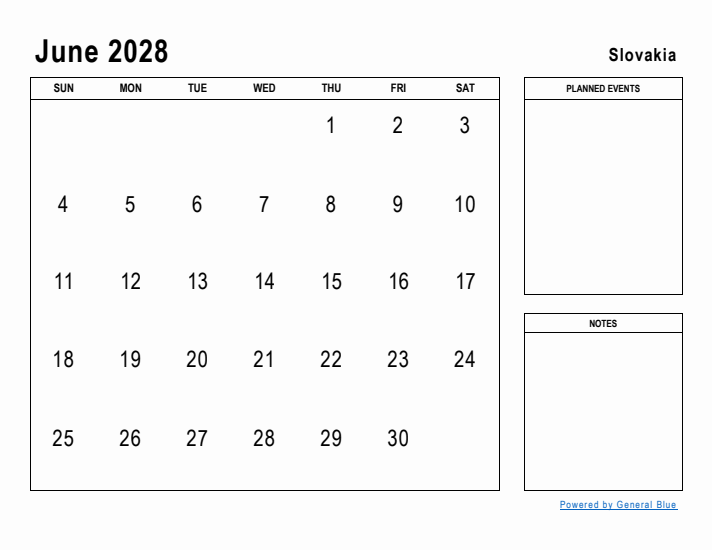 June 2028 Printable Monthly Calendar with Slovakia Holidays