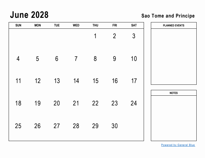 June 2028 Printable Monthly Calendar with Sao Tome and Principe Holidays