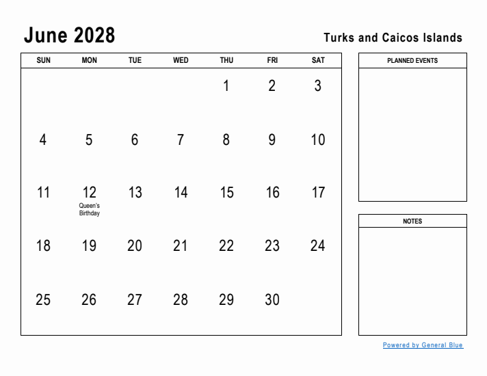 June 2028 Printable Monthly Calendar with Turks and Caicos Islands Holidays