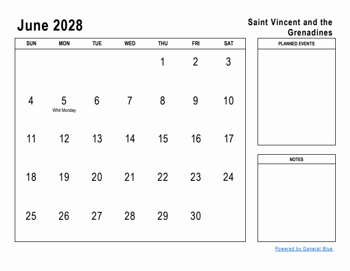 June 2028 Printable Monthly Calendar with Saint Vincent and the Grenadines Holidays
