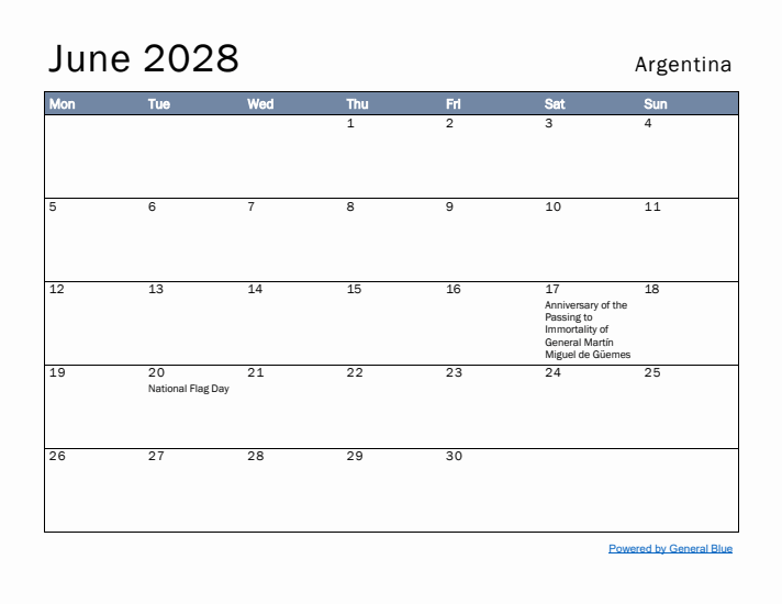 June 2028 Simple Monthly Calendar for Argentina