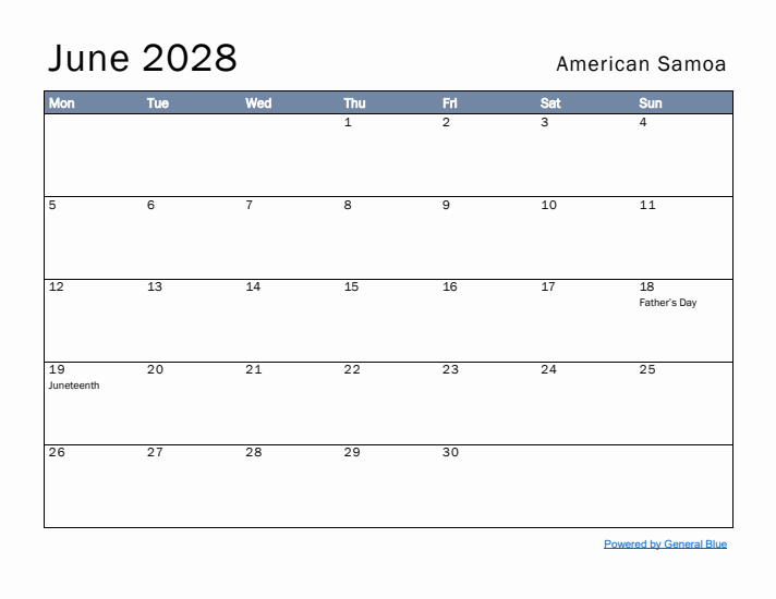 June 2028 Simple Monthly Calendar for American Samoa