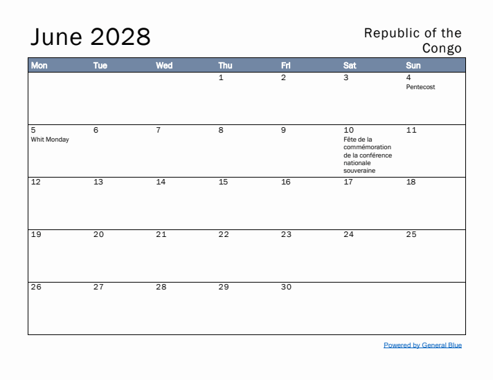 June 2028 Simple Monthly Calendar for Republic of the Congo