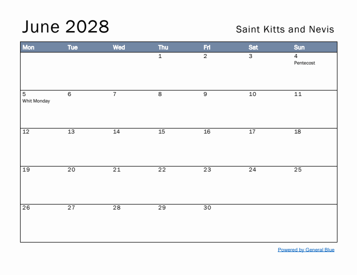 June 2028 Simple Monthly Calendar for Saint Kitts and Nevis