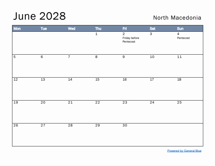 June 2028 Simple Monthly Calendar for North Macedonia