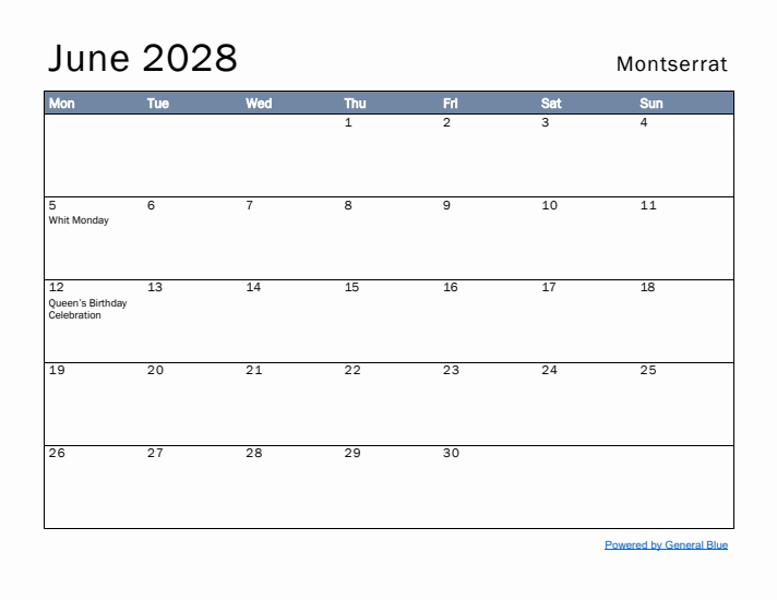June 2028 Simple Monthly Calendar for Montserrat