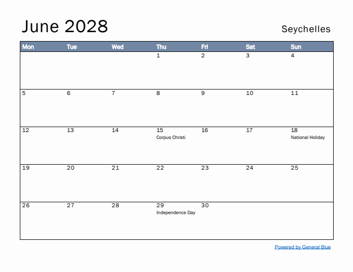 June 2028 Simple Monthly Calendar for Seychelles