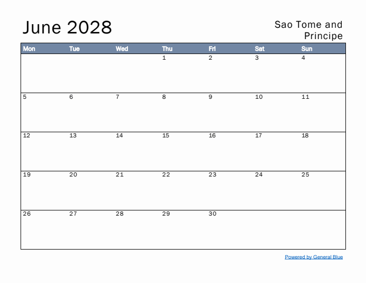 June 2028 Simple Monthly Calendar for Sao Tome and Principe