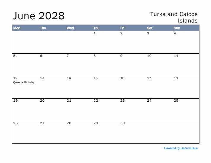 June 2028 Simple Monthly Calendar for Turks and Caicos Islands