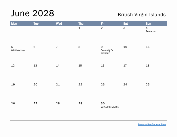 June 2028 Simple Monthly Calendar for British Virgin Islands