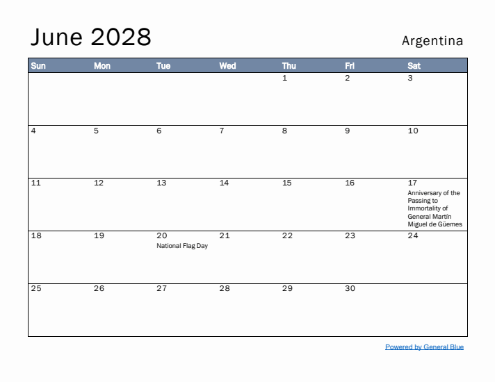 June 2028 Simple Monthly Calendar for Argentina
