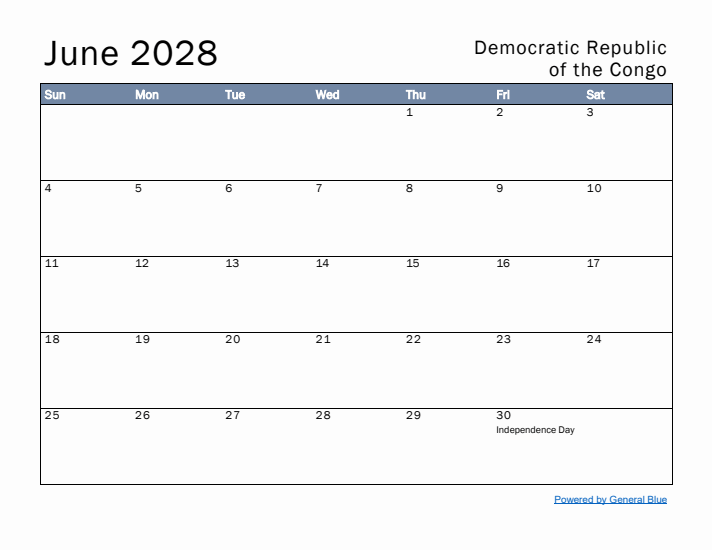 June 2028 Simple Monthly Calendar for Democratic Republic of the Congo