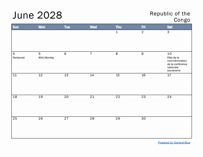 June 2028 Simple Monthly Calendar for Republic of the Congo
