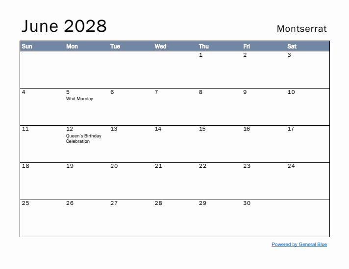 June 2028 Simple Monthly Calendar for Montserrat